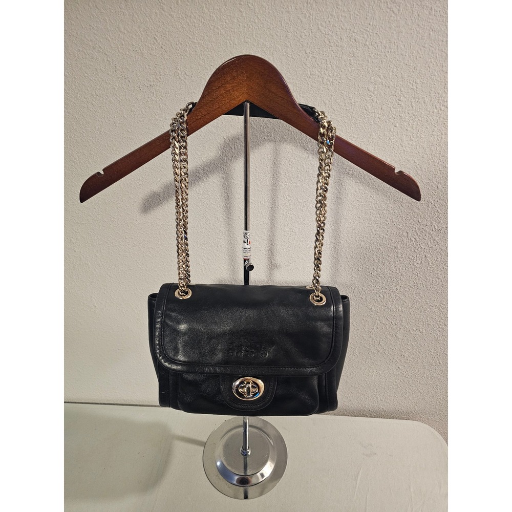 Coach Small Ranger Flap Black Leather Shoulder Bag Gold Chain Strap Turnlock